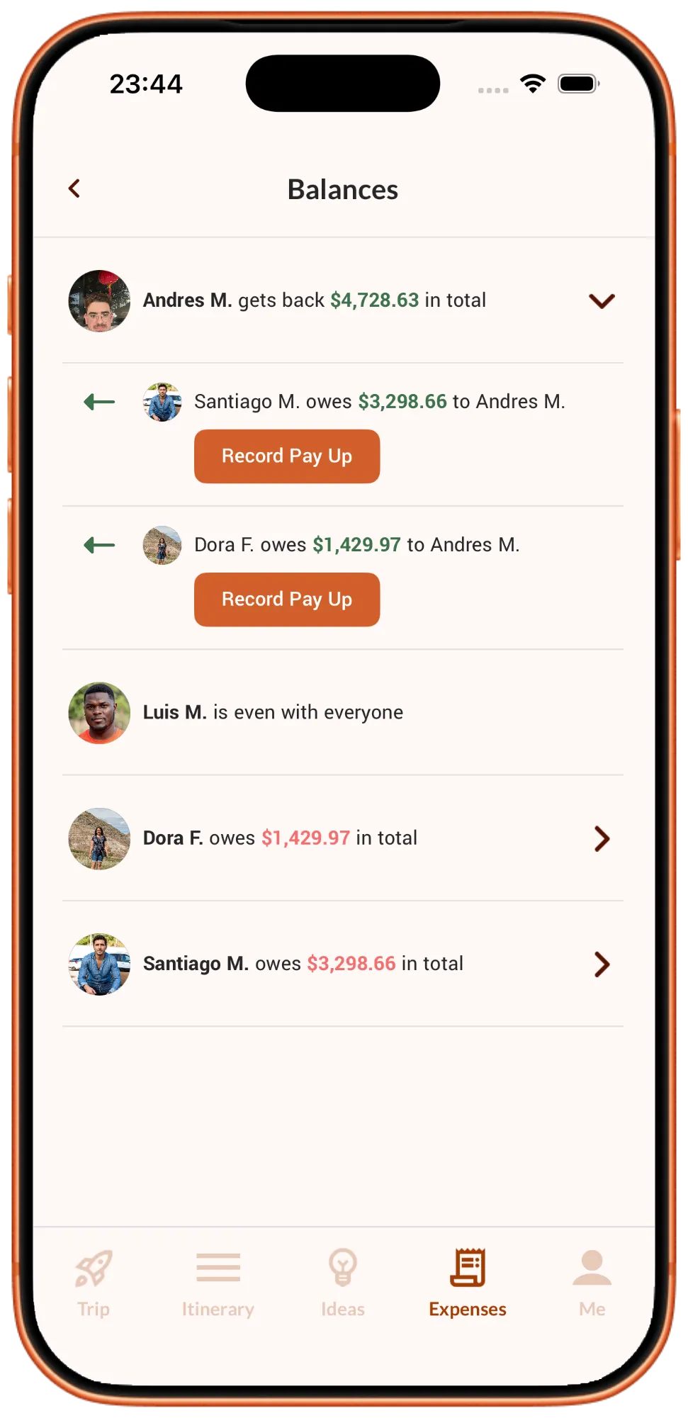 The Orbit expenses screen