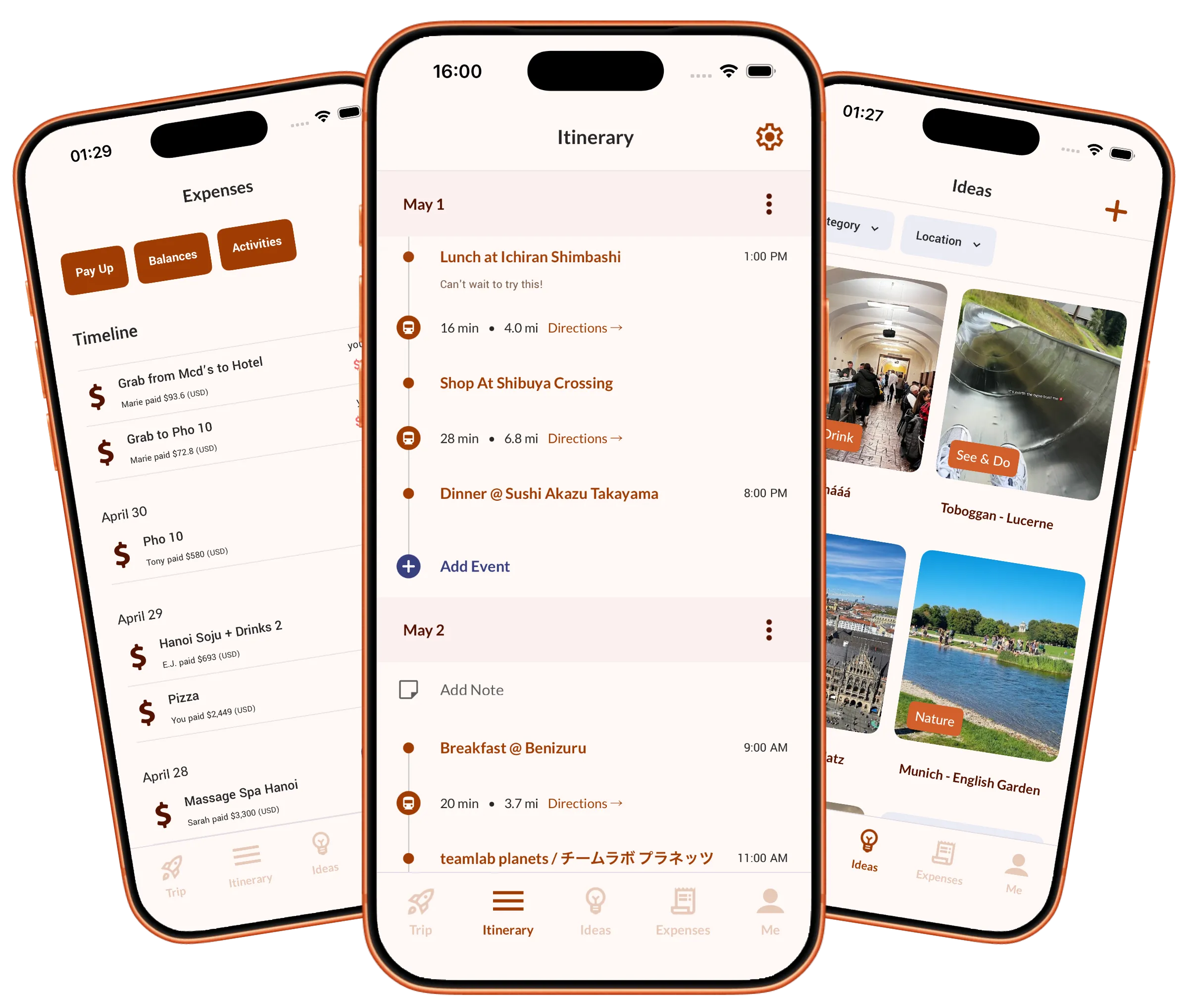 The Orbit app showing the itinerary, expenses, and ideas screens