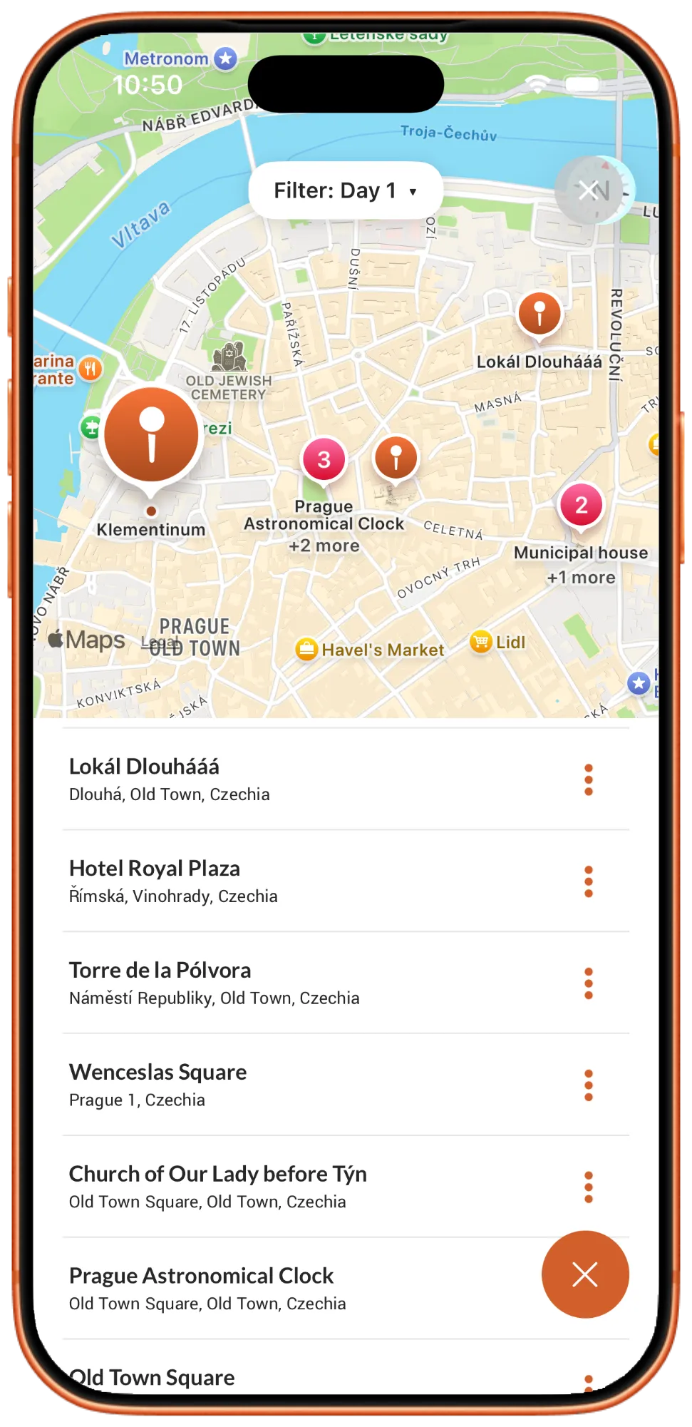 The Orbit itinerary screen